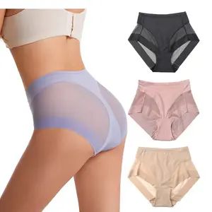 oem customized logo design Women mid waist briefs transparent mesh pants belly control waistband appropriate ice silk underwear