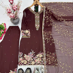 NEW DESIGNER <b>EID</b> SPECIAL PARTY HEAVY EMBROIDERY SEQUENCE WORK TOP PANT DUPATTA PIECE SUIT SET CHINON SILK READY WEAR - Product Image 1