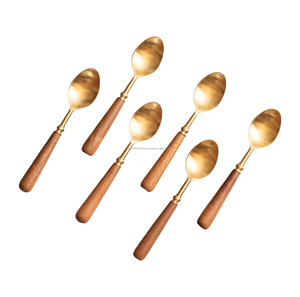 Juego de Cucharas de Boda de Acero Inoxidable Dorado y Madera de Primera Calidad - Diseño Moderno y Lujoso, Vajilla Elegante (Juego de 6) - Product Image 1