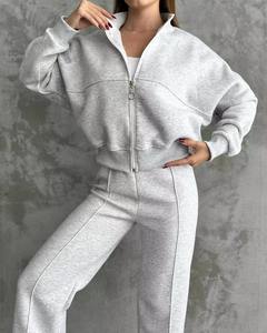 Ensemble décontracté 2 pièces pour femmes de grande taille, sweat-shirt court à fermeture éclair intégrale de haute qualité, pantalon de survêtement évasé personnalisé pour femmes - Product Image 6