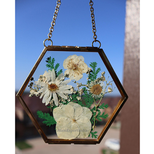 Newly Product Hexagon Shape Clear Glass Brass Border Hanging Chain Flower Pressed Wedding <b>Pic</b> Mini Photo Hanging Frame Low Price - Product Image 2