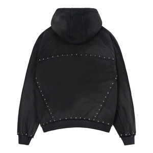 Men's Black Hooded Sweatshirt Oversized French Terry Rhinestone Detail Casual Streetwear <b>Zip</b>-<b>Up</b> <b>Jacket</b> - Product Image 3