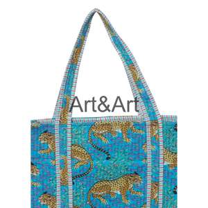 Sac fourre-tout vintage en coton indien fait main imprimé au bloc, motif jungle, avec deux anses, pour femme - Product Image 2