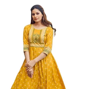 Rajasthani moda renkli uzun uzunluk Anarakali elbise hint baskılı Kurti ile kadınlar için