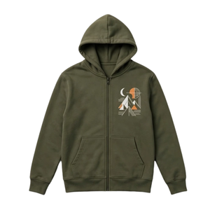 Sudadera con capucha verde oliva con cremallera completa y estampado llamativo de montaña, chaqueta informal estilo streetwear con capucha y estampado frontal y trasero. - Product Image 1