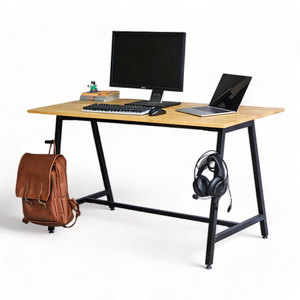 140x60cm Rubber Wood Desk with Hanging Shelf and <b>Foldable</b> Bookshelf Iron <b>Legs</b> Assembly Required-SPD68212 Computer <b>Table</b> - Product Image 1
