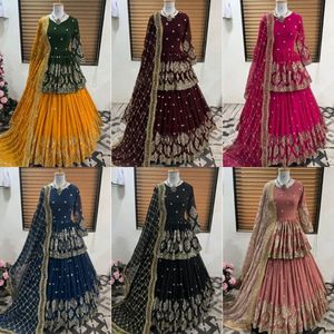 Ensemble haut, lehenga et dupatta en faux georgette avec broderie lourde et travail de sequins, avec manches, pour soirée, multicolore, lehenga de créateur - Product Image 6