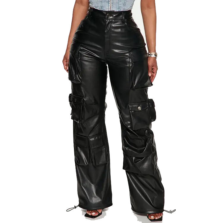 Premium Quality Women's Cowhide Genuine Leather Cargo Pants New Arrival Wholesale Wide Leg Pu Leather Trousers Female