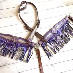 Équipement d'équitation saisonnier perlé turquoise violet et argent métallisé sirène frange ensemble d'équipement de cheval en cuir léger - Product Image 1