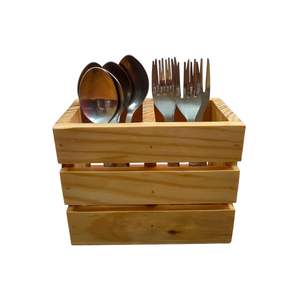Moderno Porta Cubiertos de Madera Maciza Hecho a Mano con 2 Compartimentos, Acabado Natural, Organizador de Utensilios de Cocina, Tamaño 16x10x12 cm - Product Image 2