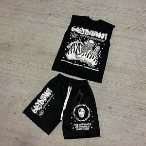 Nouvelle mode Ensemble deux pièces décontracté d'été pour homme, respirant, imprimé surdimensionné, taille mi-haute, motif uni, short 100% polyester - Product Image 1