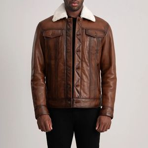 Custom Brown Leather Shearling Trucker <b>Jacket</b> for Men Stand Collar Casual Winter Style with Front Closure OEM Service Available - Product Image 2