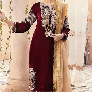 BEAUTIFUL VELVET FABRIC KURTA,PANT & DUPATTA Dress with EMBELLISHED STYLISH Crystal Glass Beads & DABKA Work for PARTY-WEAR=2024 - Product Image 1