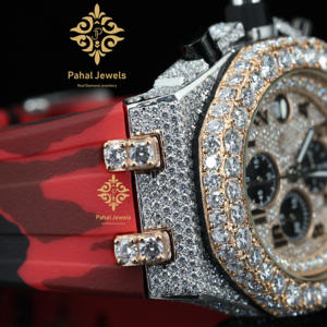 Montre mécanique de luxe pour homme bicolore, demi-sertie de diamants en moissanite, bracelet en caoutchouc rouge et noir, cadran avec date, style hip-hop - Product Image 2