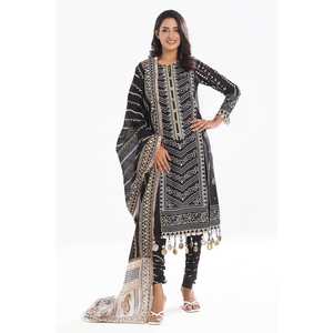 Conjunto de traje de mujer de 3 piezas sin coser con bordado Zari y estampado de laca dorada en tela Lawn, con CL-52407 - Product Image 3