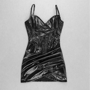 Robe Mini Bodycon Femme pour Soirée, Tissu Satiné Populaire, Bretelles Fines en PU, Taille Naturelle – Collection Automne - Product Image 4