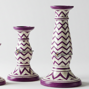 Proveedor Indio Ofrece Portavelas Cónicos de Lujo con Incrustaciones de Concha/MOP, Patrón Geométrico Chevron en Morado y Blanco - Product Image 2