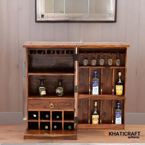 Gabinete de barra de madera maciza Sheesham con almacenamiento de copas de vino en estante de exhibición con acabado de miel para sala de estar muebles para el hogar - Product Image 3