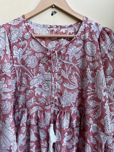 Casual Maxi Vestido Bloque de Mano Impreso Indio Algodón Floral Globo Manga con Bordado y Borla Decoración - Product Image 5