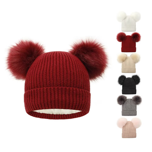 Wholesale Customization Factory Price Luxury Winter Two <b>Pom</b> <b>Pom</b> <b>Beanie</b> Double Balls Knitted Hats Jacquard Breathable Soft - Product Image 1