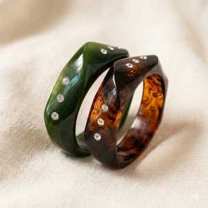 Acrylic Bangle Cuff <b>Bracelet</b> with <b>Crystal</b> Rhinestones Green and Tortoiseshell Design Women's Fashion Jewelry - Product Image 3