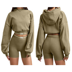 Dernier ensemble de shorts 100% coton pour femmes à la mode sur mesure Sweat à capuche court surdimensionné Shorts à épaules tombantes Knee Solid Logo personnalisé - Product Image 1