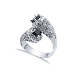 หิน CZ สีดําสองด้านกลมหินคลัสเตอร์แหวนเงินปรับได้ขายส่งแฮนด์เมดเงินแท้ 925 - Product Image 1