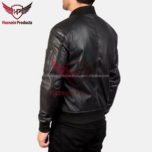 Chaqueta Bomber de Cuero Genuino Negro para Hombre, Cuello Acanalado, Cremallera, Bolsillos en las Mangas, Piel de Oveja, Chaqueta de Vuelo MA1 Personalizada, Abrigo de Invierno para Aviador - Product Image 5