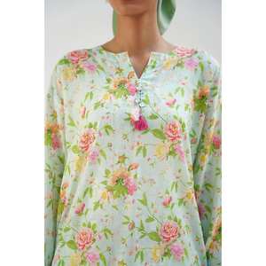 ชุดเซ็ตผ้าฝ้ายวิสโคสสีเขียวพิมพ์ลายสำหรับผู้หญิง ตกแต่งกระดุม ชุดสองชิ้นผ้าเครป ไซส์ XS/XS ใส่ได้ทุกวัน แขนสามส่วน - Product Image 2