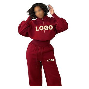 Chándal de media cremallera para mujer, chándal de lana de algodón bordado desgastado para mujer, conjunto de Jogger personalizado, bolsillo frontal, informal, sólido - Product Image 5