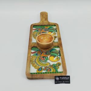Élégant plateau en bois de manguier émaillé avec poignée et bol à chutney intégré pour fête Tradebyd - Product Image 5