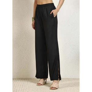 DEEBACO Conjunto de 2 piezas casual de algodón negro liso para mujer: Kurta con cuello mandarín y pantalón con abertura hasta el tobillo, ideal para el verano. - Product Image 6