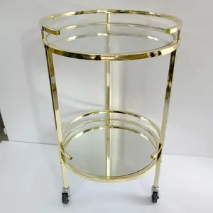 Round Shape Rolling Side Table with Shelf - Gold