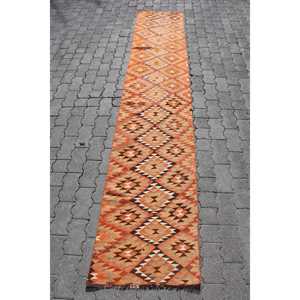 1.9x10.1 ft <b>Runner</b> Turkish <b>Rug</b>, Vintage <b>Rug</b>, Orange Brown Solid Wool <b>Rug</b> - Product Image 1