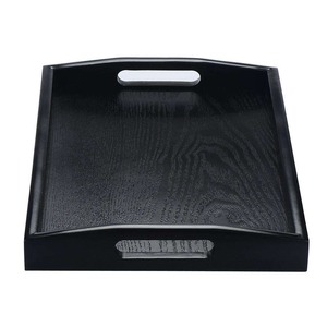 Grand plateau rectangulaire en bois noir pour poufs Joli plateau de service pour petit déjeuner avec poignées - Product Image 1