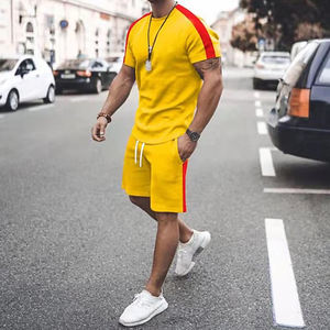 Yellow Crew Neck <b>t</b> Shirt with Shorts Summer <b>Track</b> Suit Sets 2 Pieces Cotton Made Breathable Muscle Outfits Set - Product Image 6