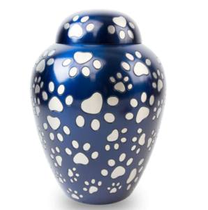 Las urnas de cremación de latón para mascotas más vendidas con diseño de impresión de pata plateada y acabado de color azul para urnas de mascotas de cenizas humanas - Product Image 1