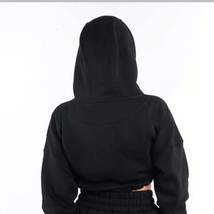 55% Cotton, 45% Spandex Drop Shoulder Style Oversized Cropped Fit <b>Black</b> <b>Women</b> Classic Capital Full-Zip Crop Hoodie - Product Image 6