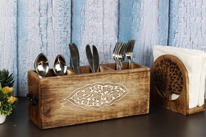 ของขวัญวันแม่ที่วางเครื่องใช้ในครัวทำจากไม้แกะสลักด้วยมือพร้อมช่องใส่อุปกรณ์ไม้3ช่องสำหรับจัดช้อนส้อมผ้าเช็ดปาก - Product Image 2