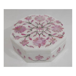 <b>White</b> Marble Beautiful Handmade Pink Mother Of Pearl Flower Inlay Design Jewelry <b>Gift</b> <b>Boxes</b> For Wedding And Business Purpose - Product Image 1