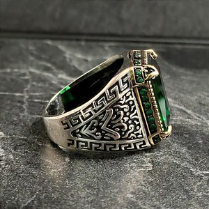Men's Vintage Style 925k Sterling <b>Silver</b> <b>Ring</b> with <b>Emerald</b> Green Zircon Gemstone Handmade 925k Sterling Si Jewelry - Product Image 5