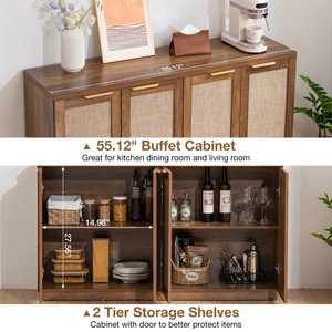 Buffet moderne à quatre portes en bois et rotin Meuble de rangement spacieux avec poignées dorées Design élégant pour le salon - Product Image 5