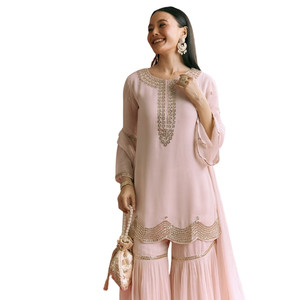 All'ingrosso Baby Pink Georgette Kurta Sharara vestito con Moti lavoro e devo pizzo per la festa di nozze e su ordinazione di ordini etnici - Product Image 4