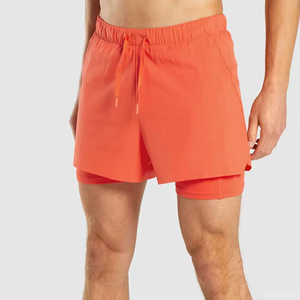100% Cotton Orange Solid Color Double <b>Layer</b> Accept Logo Printing Summer Outdoor Gym Jogging Men Gym Shorts With Pockets - Product Image 1