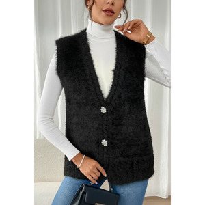 Chaleco de Punto Afelpado para Mujer con Botones Decorativos de Piedras, Textura Suave, Color Beige, para Uso Diario y Conjuntos - Product Image 1