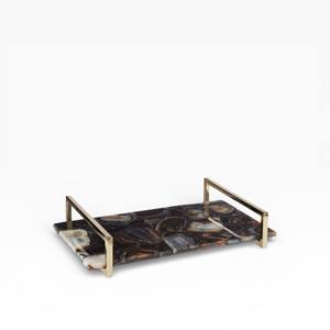 Bandeja Rectangular de Ágata Natural Marrón Oscuro con Patrón de Cristal Mosaico Pulido y Elegantes Asas de Metal Dorado - Product Image 1