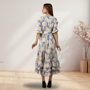 Vestido de crepé azul beige estampado floral para mujer más vendido con tamaño personalizado disponible a precio asequible de la India - Product Image 2