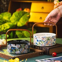 CH04 Iris Bloem Keramische Fruitmand Schaal Decoratieve Serveerschaal met Handvat voor Snacks & Gedroogd Fruit op de Woonkamertafel
