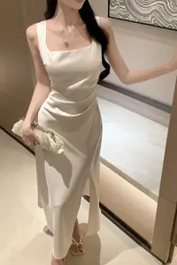 Elegante negro albaricoque diseño simple sin mangas cuello cuadrado ancho hombro correas vestido señora Sexy plisado hendidura cola de pez vestido - Product Image 2