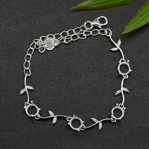 Pulsera de Plata de Ley 925 Sólida Hecha a Mano con Diseño de Hoja y Cadena de 6mm de 4 Puntas, Bañada en Oro de 14k con Circonitas, 7.5 Pulgadas, Joyería - Product Image 6